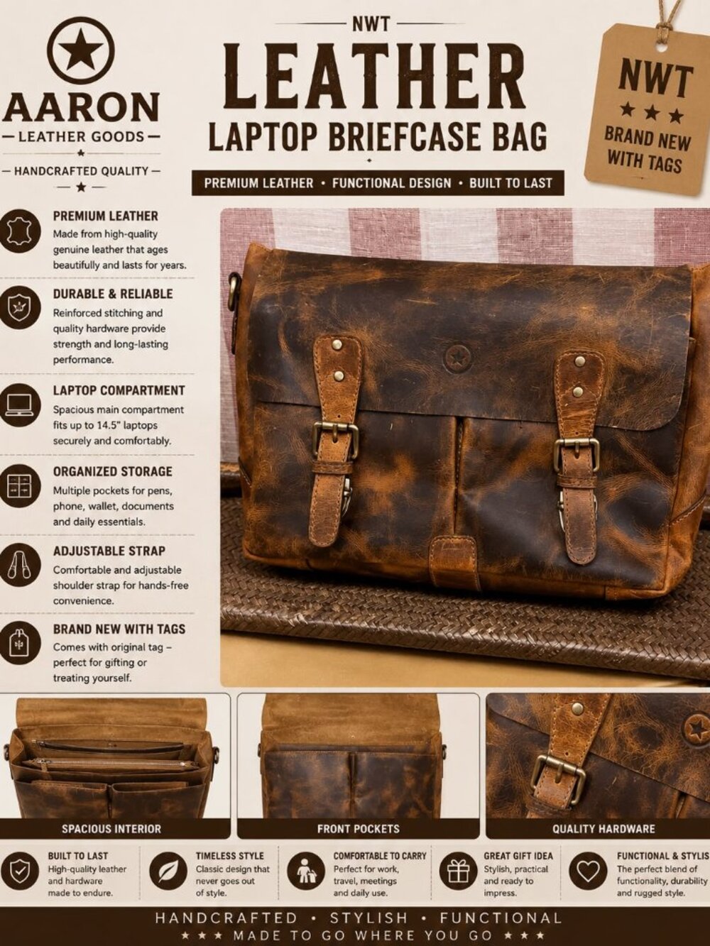 NWT Aaron Leather Goods 14.5" Leather Laptop Briefcase Bag Brown